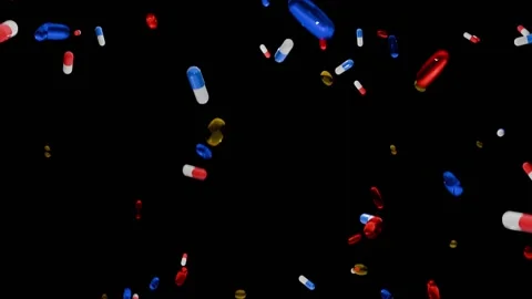Pills falling down against black background, medicines from the pharmacy Stock Footage 341031985