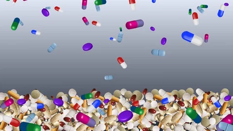 Pills falling down on gray background Video stock 128659902