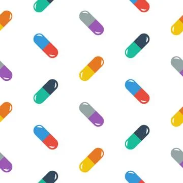 Pills in flat style. Colored seamless pattern. Vector Stock Illustration