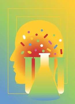 Pills floating above test tubes, men's profile in background, illustration Stock Illustration
