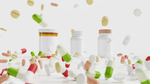 Pills on the floor with jars, different colored tablets, capsules. Health care Stock Illustration