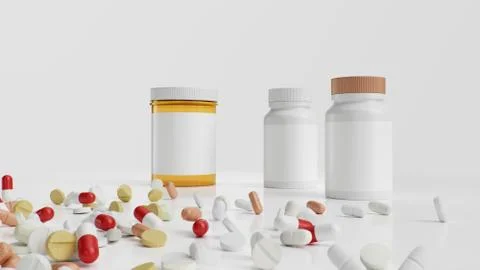 Pills on the floor with jars, different colored tablets, capsules. Health care Stock Illustration