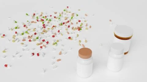 Pills on the floor with jars, different colored tablets, capsules. Health care Illustrazione stock