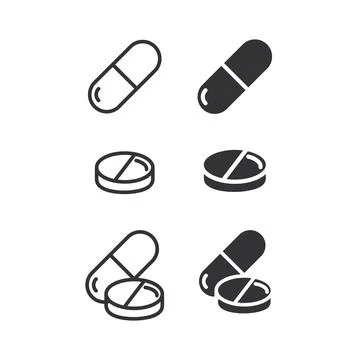 Pills icon set. Tablets pharmaceutical illustration symbol. Sign capsule vect Stock Illustration