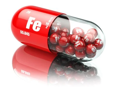 Pills with iron FE element Dietary supplements. Vitamin capsules. Illustration