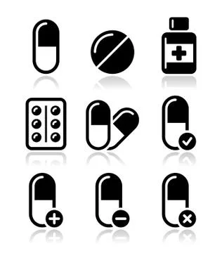 Pills, medication vector icons set Stock Illustration