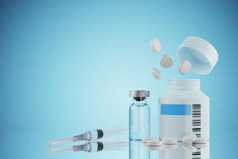 Pills with packaging on a blue table. Syringe for injection. Glass ampoule .. Stock Illustration
