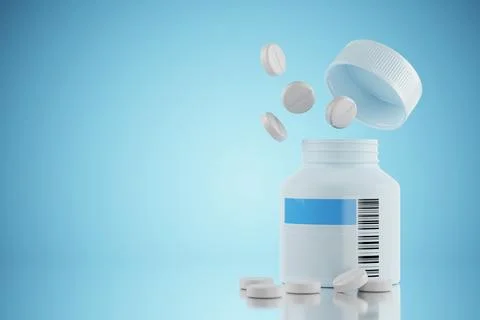Pills with packaging on a blue table. Treatment with tablets. Pills with a .. Stock Illustration