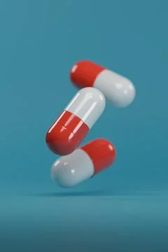 Pills red an white on blue background. 3d illustration. Stock Illustration