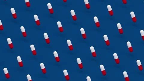 Pills rotating on blue background isometric animation loop Stock Footage 143431908