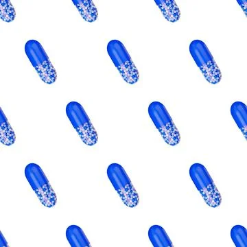 Pills seamless pattern. 3d render. Blue capsule pills. Medicinal drug to relieve Stock Illustration