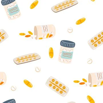 Pills seamless pattern. Bottle with various tablets and capsules. Medical cap Stock Illustration
