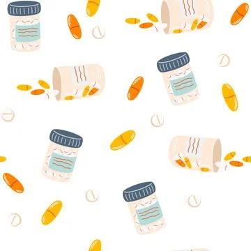 Pills seamless pattern. Bottle with various tablets and capsules. Medical cap Stock Illustration