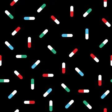 Pills Seamless Vector Pattern. Medicine, Drugs, Vitamins. Black Background Stock Illustration