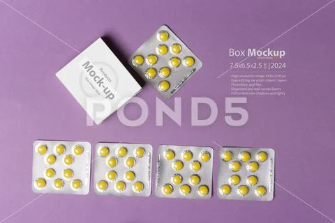 Pills tablets beside box in front of purple background mock-up series 460 PSD 템플릿