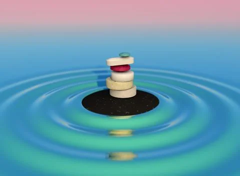 Pills of various sizes stacked balanced on a stone in the middle of the water Stock Illustration