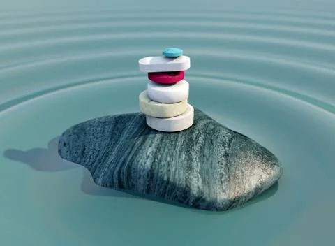 Pills of various sizes stacked balanced on a stone in the middle of the water 스톡 일러스트
