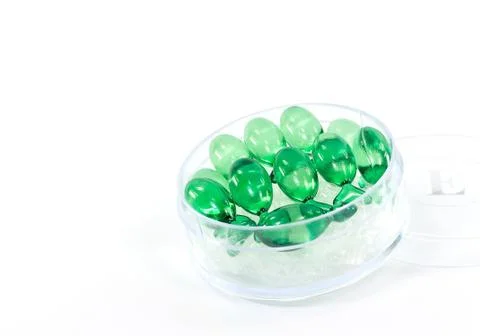 Pills of vitamin E in box Stock Photos