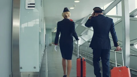 Pilot and stewardess with red suitcases walking by airport. Back view. Stock Footage