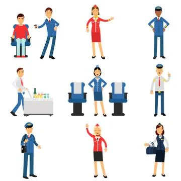 Pilot and stewardess at work during the flight set, airline working process Illustrazione stock