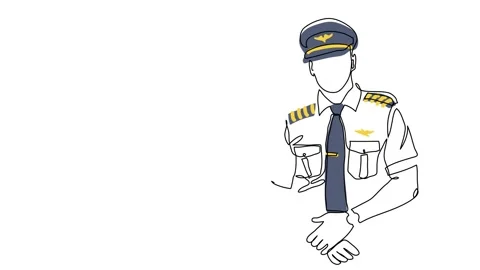 Pilot, aviator profession, man in uniform, animated illustration. One continuous Stock Footage 299897220
