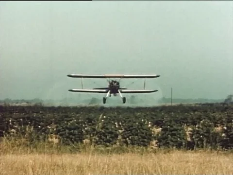 Pilot in a Biplane crop-duster plane as it quickly moves - 1954 Stock Footage 95179628