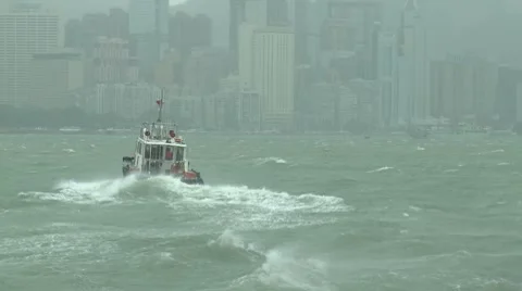 Pilot Boat Navigates Rough Seas In Tropical Storm Stock Footage