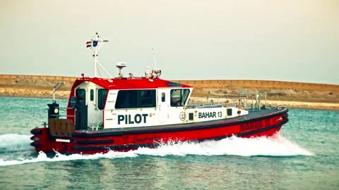 Pilot Boat Navigating Suez Canal Arid Landscape Stock-Footage 313126561