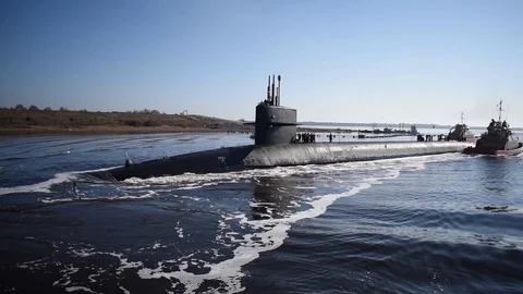 Pilot boats guide USS Rhode Island into Naval Submarine Base Kings Bay Video stock 108432302