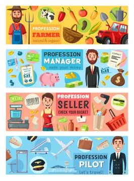 Pilot, cashier, manager and farmer professions Stock Illustration