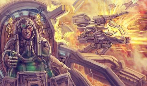 The pilot in the cockpit of a combat robot. Science fiction illustration. Stock Illustration