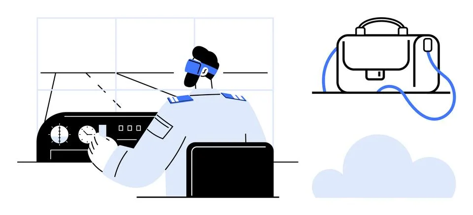 Pilot in cockpit handling flight controls, airplane window, and travel bag. I Stock Illustration