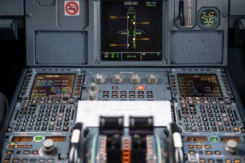Pilot in command setting control panel in cockpit Stock Photos