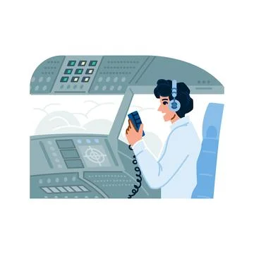 Pilot communicating in airplane cockpit during flight 스톡 일러스트