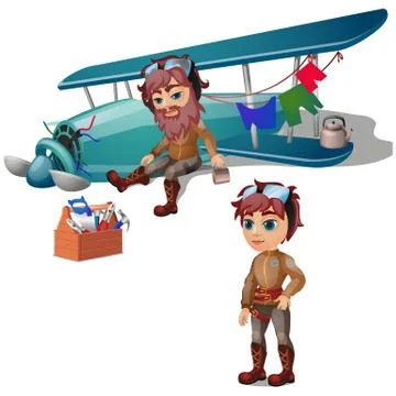 Pilot crashed and bearded isolated on white background. Broken plane and a set Stock Illustration