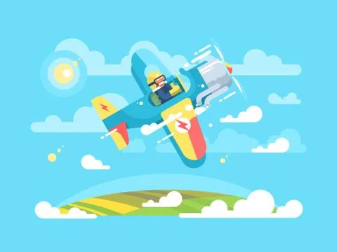 Pilot flying on airplane Stock Illustration