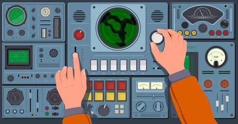 Pilot hands on control panel. Operator controls spaceship, retro analog Stock Illustration