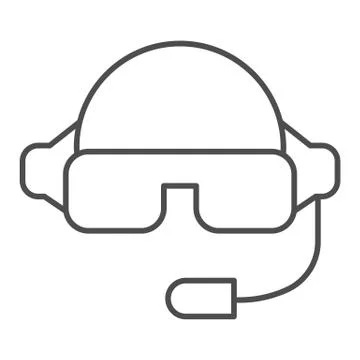 Pilot helmet thin line icon. Aviator jet mask with glasses and microphone symbol Stock Illustration