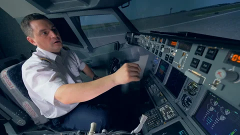 Pilot is preparing an aircraft simulation for the flight Video stock 90751250