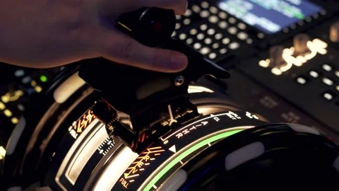 Pilot pressing on taking off button inside a flight simulator, closeup shot Stock Footage 237084691
