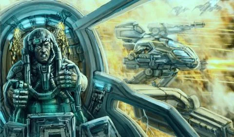 Pilot in a spacesuit inside the cockpit of a war vehicle. Sci-fi illustration Stock Illustration
