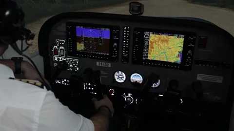 The pilot takes off on the plane simulator Video stock 224026251