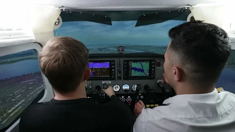 Pilot training on a light aircraft simulator Video stock 223468257