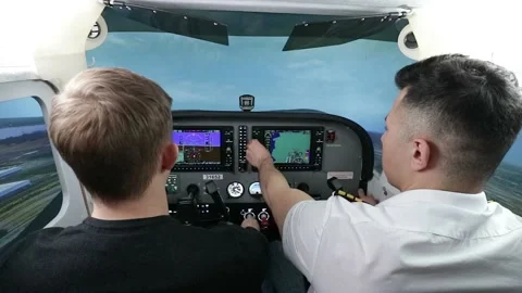 Pilot training on a light aircraft simulator Video stock 223468306
