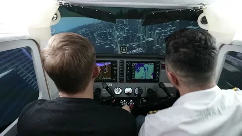 Pilot training on a light aircraft simulator Video stock 223468322