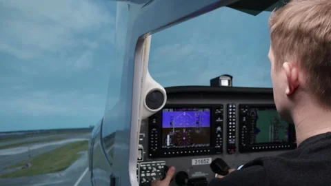 Pilot training on a light aircraft simulator Video stock 223468323