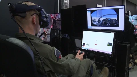 Pilot training with virtual reality flight simulator Stock Footage 103675802