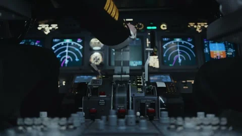 Pilot Using Flight Pilotage Equipment in Airplane Cockpit for Piloting Aviator Video stock 264470991