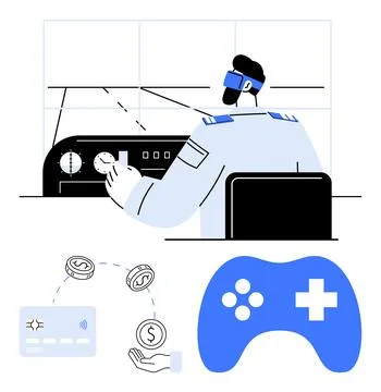 Pilot Using Virtual Reality Flight Simulator with Gaming Controller and Fin.. Stock Illustration