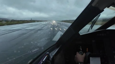 Pilot View in a Real Time Takeoff with Stormy Weather. Initial Takeoff Run Stock Footage 333952900